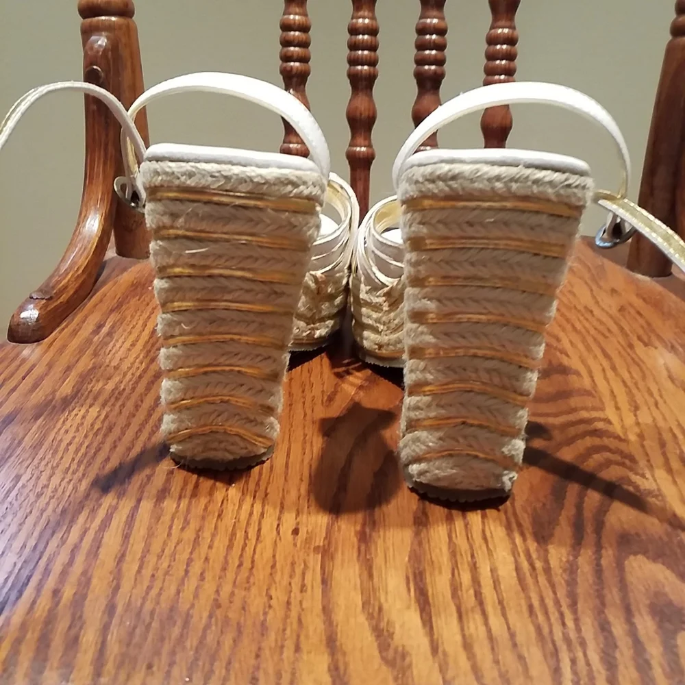 Nana White And Gold Wedge Heel Sandal With Wrap Around Ankle Strap 7